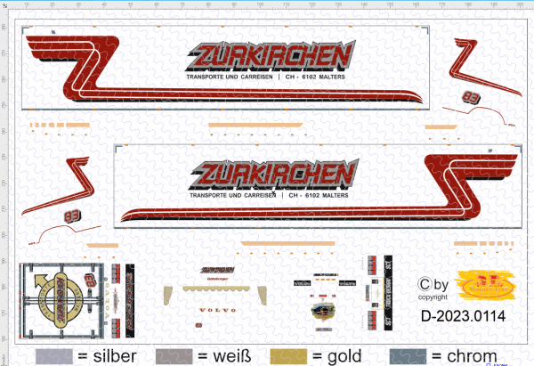 D-2023.0114 - Decalsatz Zurkirchen , Zugmaschine und Auflieger - 1:87