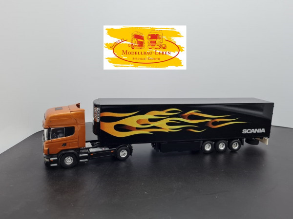 Tekno Scania R Topline V8 Werbemodell mit Flammen Design Kühlkoffer Auflieger 1:50