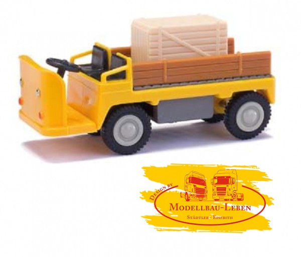 Busch 210 010024 E-Karre Balkancar -gelb mit Bordwand und Holzkiste -1:87 -Mehlhose