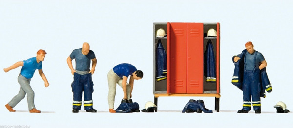 Preiser 10642 H0 Feuerwehrmänner (Umkleide), 4 Figuren + Zubehör, handbemalt 1:87